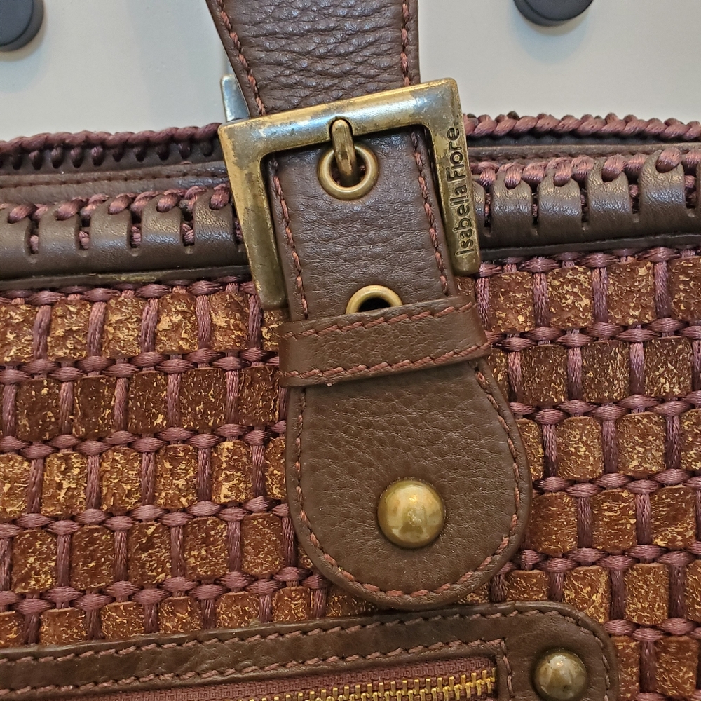 ISABELLA FIORE Leather Woven Large Shoulder Bag Handbag Brown - Picture 7 of 11